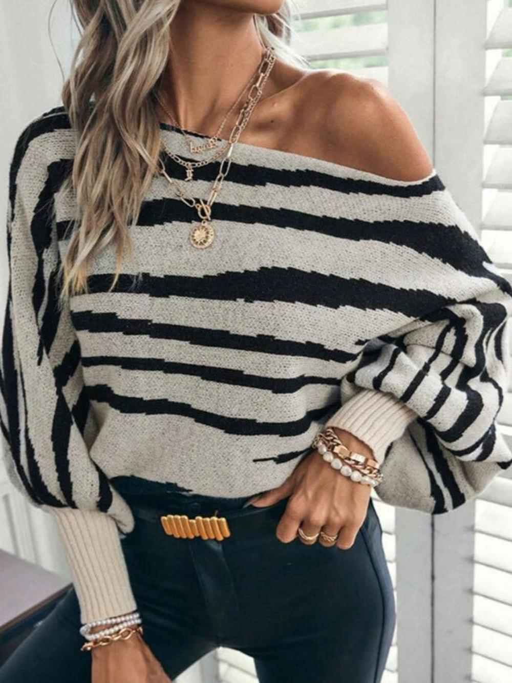Womens Fall Winter Loose Colorblock Zebra Off Shoulder Batwing Sweater Pullover
